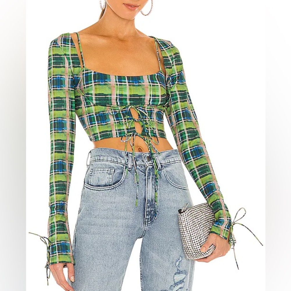 Danielle Guizio Plaid Green Blue Crop Top